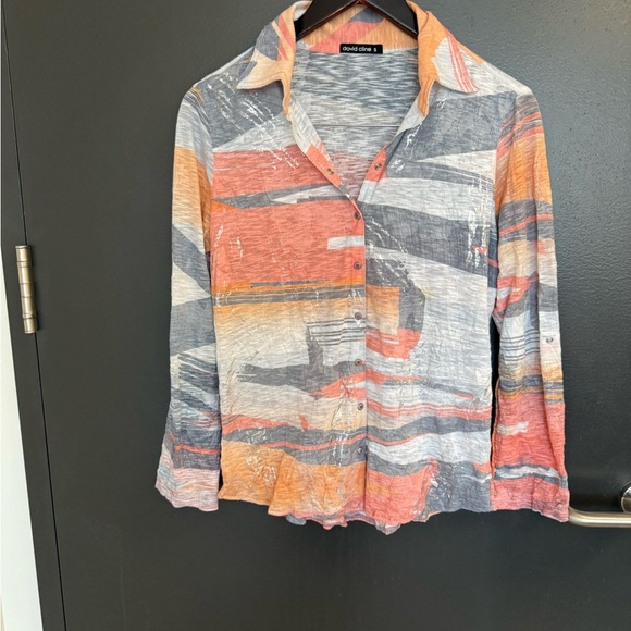 David Cline S EUC Orange Gray Cream Button Down Shirt- silver accents cotton - Picture 2 of 15